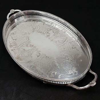 Large Silver Plated Chased Galleried Tea Service Serving Tray - Vintage (#59545) 1