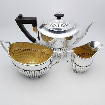 Antique 3 Piece Semi Fluted Tea Service Set - 1909 Presentation - Silver Plated (#59550) 1