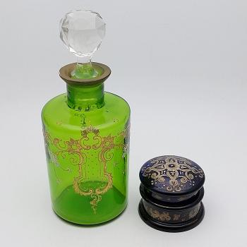 Lovely Bohemian Enamel On Glass Perfume Bottle & Pot - Vintage (#59563) 1