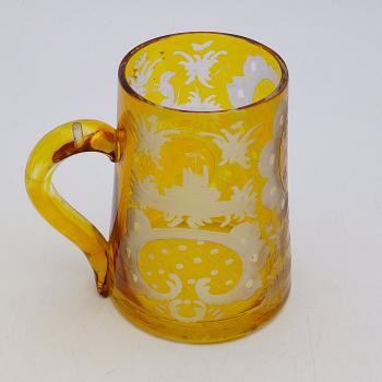 Antique Amber Overlay Glass Etched Mug - Ship Deer & Dog (#59566) 1