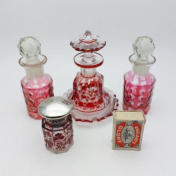 Cranberry & Clear Perfume Scent Bottles Collection - Antique / Vintage (#59582) 1