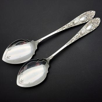 Ornate Pair Of Larger Bowl Jam Spoons - Silver Plated - Antique (#59612) 1