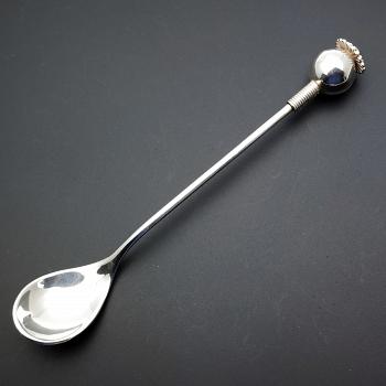 925 Silver Long Honey Spoon With Ball Finial - Vintage - White Metal (#59643) 1