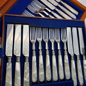 24pc Mother Of Pearl Handle Dessert Cutlery Set - Silver Plated 1860 - Antique (#59665) 1