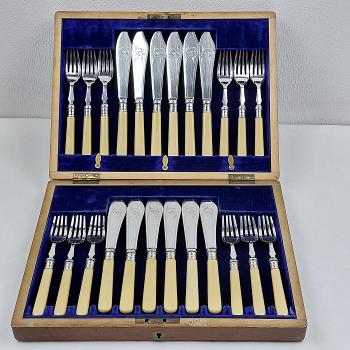 24pc Antique Silver Plated Faux Bone Handled Fish Cutlery Set - Sheffield (#59674) 1