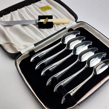 Art Deco Chevron Grapefruit Spoons & Knife Set  - Silver Plated - Cased (#59677) 1