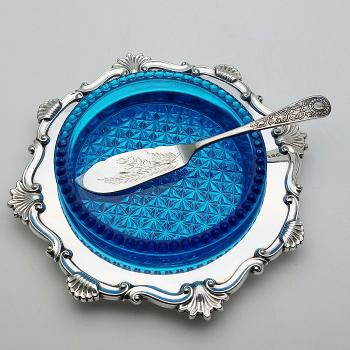 Antique Silver Plated Butter Dish With Blue Glass Liner & Knife (#59721) 1