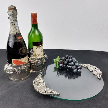 Double Wine Bottle Coaster & Glass Cheese Board - Silver Plated Silea Vintage (#59738) 1