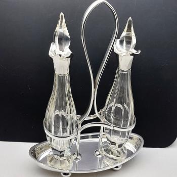Gorgeous Twin Condiment Bottle Boat Stand Mappin & Webb Vintage Silver Plated (#59742) 1