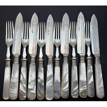 Mother Of Pearl Handle Fruit Dessert Cutlery Set Silver Plated Antique (#59768) 1