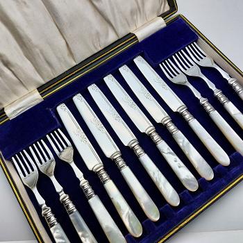 Mother Of Pearl Handle Fruit Dessert Cutlery Set Silver Plated Sheffield 1927 (#59775) 1