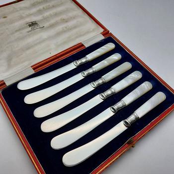 Mother Of Pearl Handle Silver Plated Tea / Butter Knives Cased Set Antique (#59776) 1