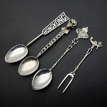 4x Vintage Silver Souvenir Spoons Etc Hong Kong Crete Venice Rome (#59810) 1