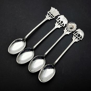4x India Silver Coffee Spoons - Elephants Etc - Vintage - White Metal (#59815) 1