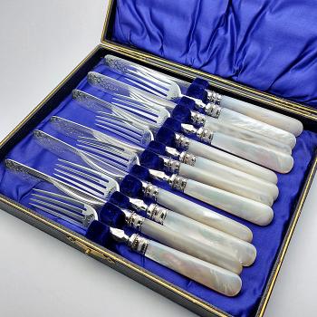 Superb Mother Of Pearl Handle Dessert Cutlery Set - Silver Plated - Antique (#59827) 1