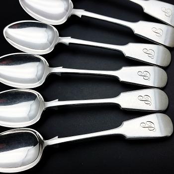 Initial 'p' Set Of 6 Dessert Spoons - Fiddle Pattern - Silver Plated - Antique (#59843) 1