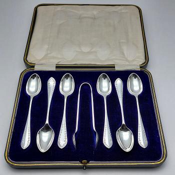 Antique Cased Silver Plated Coffee Spoons & Tongs - Sheffield Bright Cut (#59848) 1