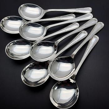 Walker & Hall Laurel Pattern Set Of 8 Soup Spoons - Silver Plated - Vintage (#59859) 1