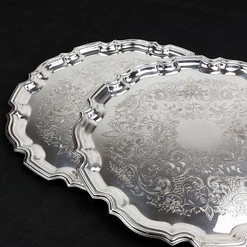 Quality Pair Of Large Chippendale Rim Chased Drinks Trays Silver Plated Vintage (#59869) 1
