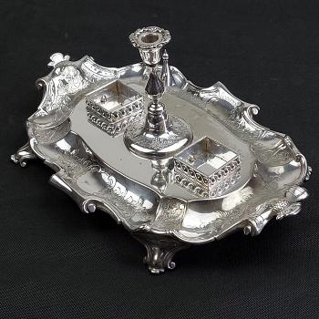 Antique Silver Plated Large Ornate  Inkwell Standish C. 1860 Sheffield (#59871) 1