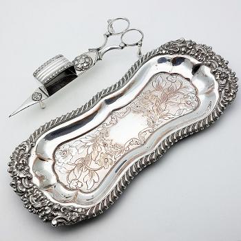 Old Sheffield Plate Ornate Snuffers Tray & Candle Scissors - Antique (#59907) 1