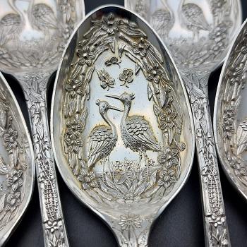 Fab Set Of Stork Bowl Dessert Spoons & Server - Silver Plated 1880 Antique (#60057) 1