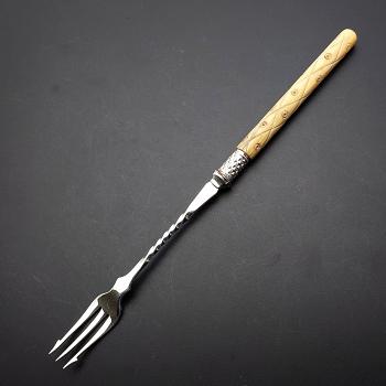 Carved Bone Handled Pickle Fork Silver Plated Antique (#60084) 1