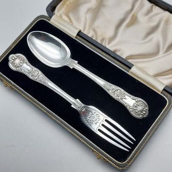 Queens Pattern - Beautiful Antique Childs Spoon & Fork - Cased Silver Plated (#60144) 1