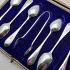 Antique Cased Silver Plated Coffee Spoons & Tongs - Sheffield Bright Cut (#59848) 3
