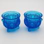 Pair Of Victorian Blue Pressed Glass Cauldron Salt Pots - Antique (#59573) 2