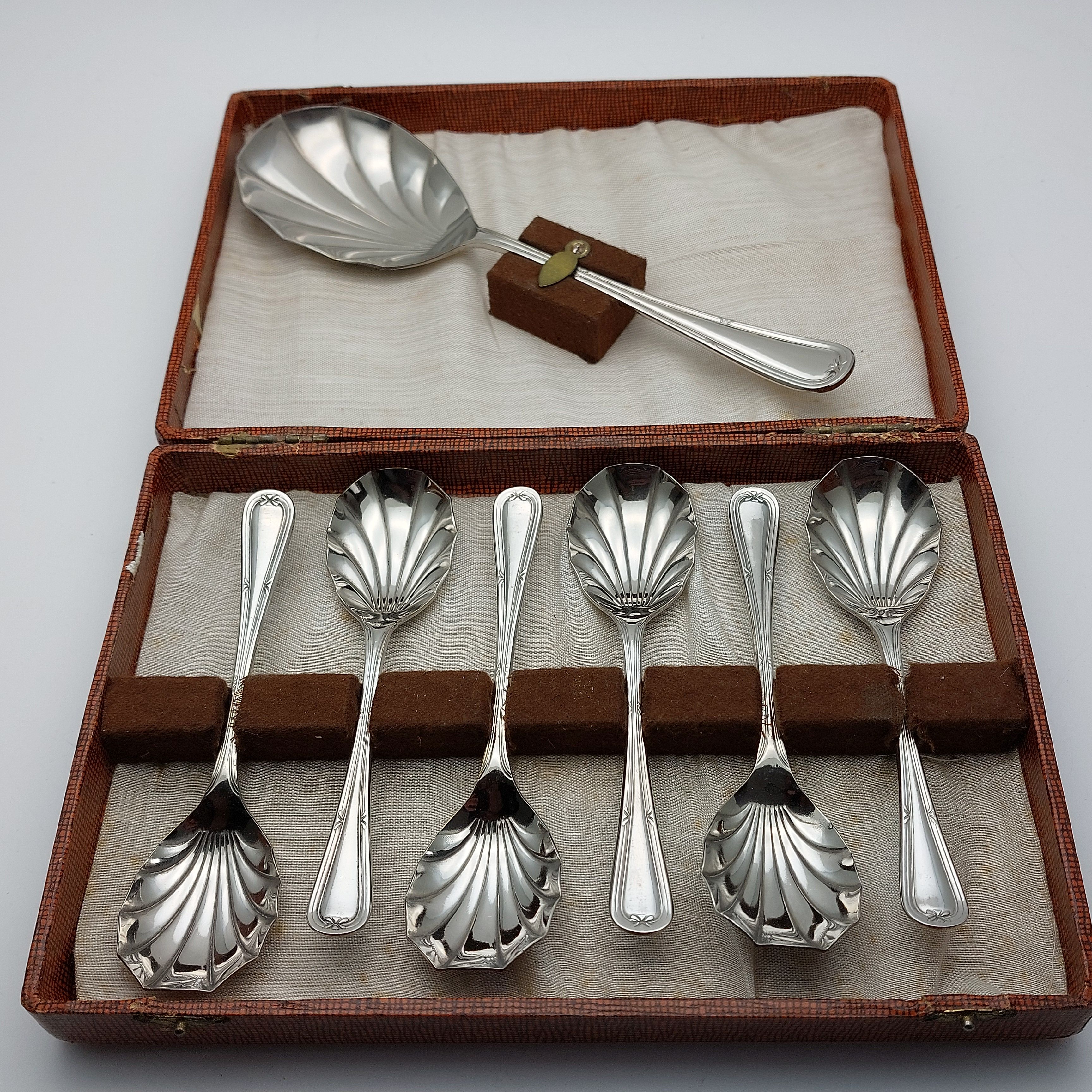 VINTAGE CASED NICKEL PLATE PUDDING FRUIT SPOONS SET Vintage