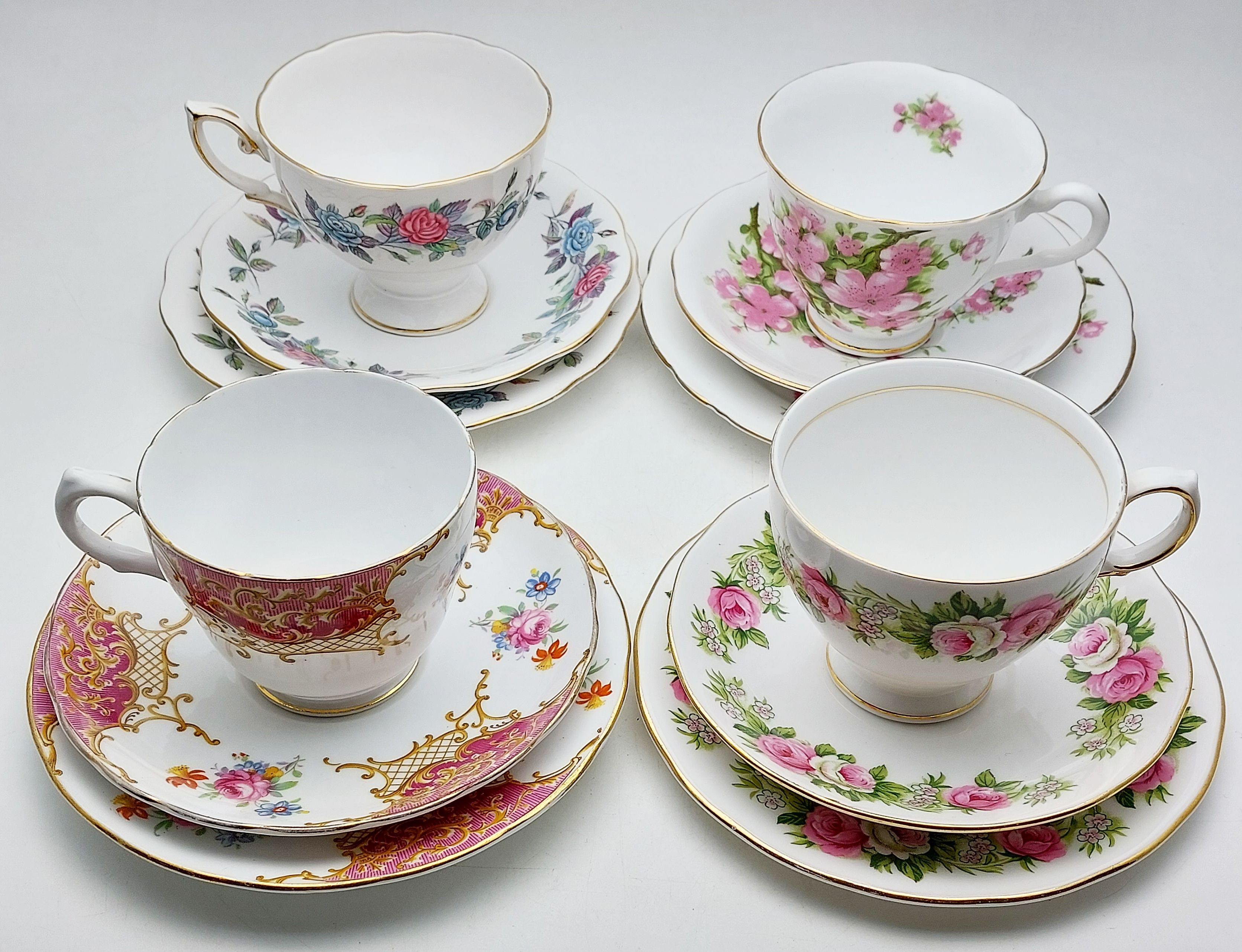 4x PRETTY FLORAL BONE CHINA TRIO SETS TEA CUP SAUCER PLATE