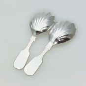 Pair Of Caddy Spoons -  Fiddle Pattern - Shell Bowl Silver Plated Epns - Antique (#61940) 2