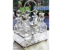 Six Bottle Silver Plated & Glass Condiment Cruet Set - Antique (#100022)
