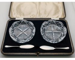 Cased Pair Of Cut Glass Butter Dishes With Silver Plated Spreaders Antique (#100030)