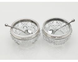 Pair Of Sterling Silver & Cut Glass Salt Pots With Spoons 1905 Antique (#100066)