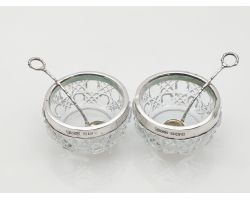 Pair Of Sterling Silver & Cut Glass Salt Pots 1905 Antique + Spoons (#100067)