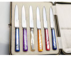 Super Set Of Stained Mother Of Pearl Steel Cutlery Knives Hutton Vintage (#100139)