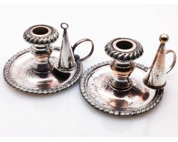 Cute Rare Tiny Pair Of Old Sheffield Plate Chamber Sticks Silver Plated Antique (#100202)