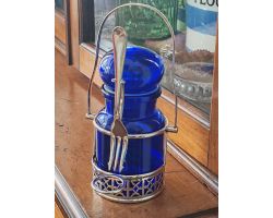 Silver Plated Pickle Jar Frame With Fork & Blue Glass Jar - Vintage (#100263)