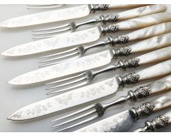 Set Of 12 Mother Of Pearl Handled Dessert Cutlery Sheffield 1900 Silver Plated (#100291)