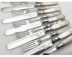 Cased Set Of 12 Mother Of Pearl Handled Dessert Cutlery Silver Plated Antique (#100292)
