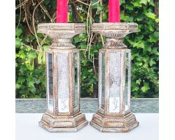 Rustic Pair Of Plated Metal 6 Sided Mirrored Glass Panel Candlesticks (#100327)