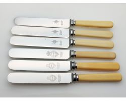 6x Palette Shape Faux Bone Handled Dessert Knives Sheffield Vintage (#100373)