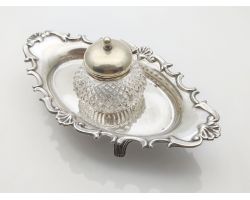 Victorian Ex Silver Plated & Glass Inkwell Standish Antique (#100403)