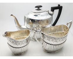 Beautiful Bright Cut 3 Piece Tea Service Set Sheffield Antique Silver Plated (#100459)