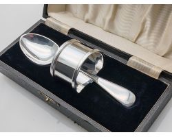 Cased Silver Plated Childs Christening Spoon & Napkin Ring Set Epns Vintage (#100466)