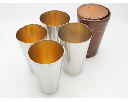 Larger Stacking Hunting Stirrup Cups Set Of 4 Leather Cased Vintage Npns (#100476)