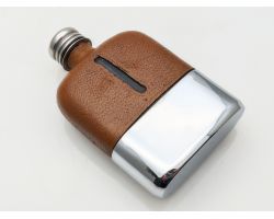 Cute Mini Hip Flask Glass & Leather With Chrome & Gilt Cup Vintage (#100477)