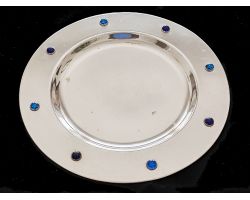 Silver Plated & Blue Glass Cabochon 12 Inch Serving Dish / Plate (#100479)